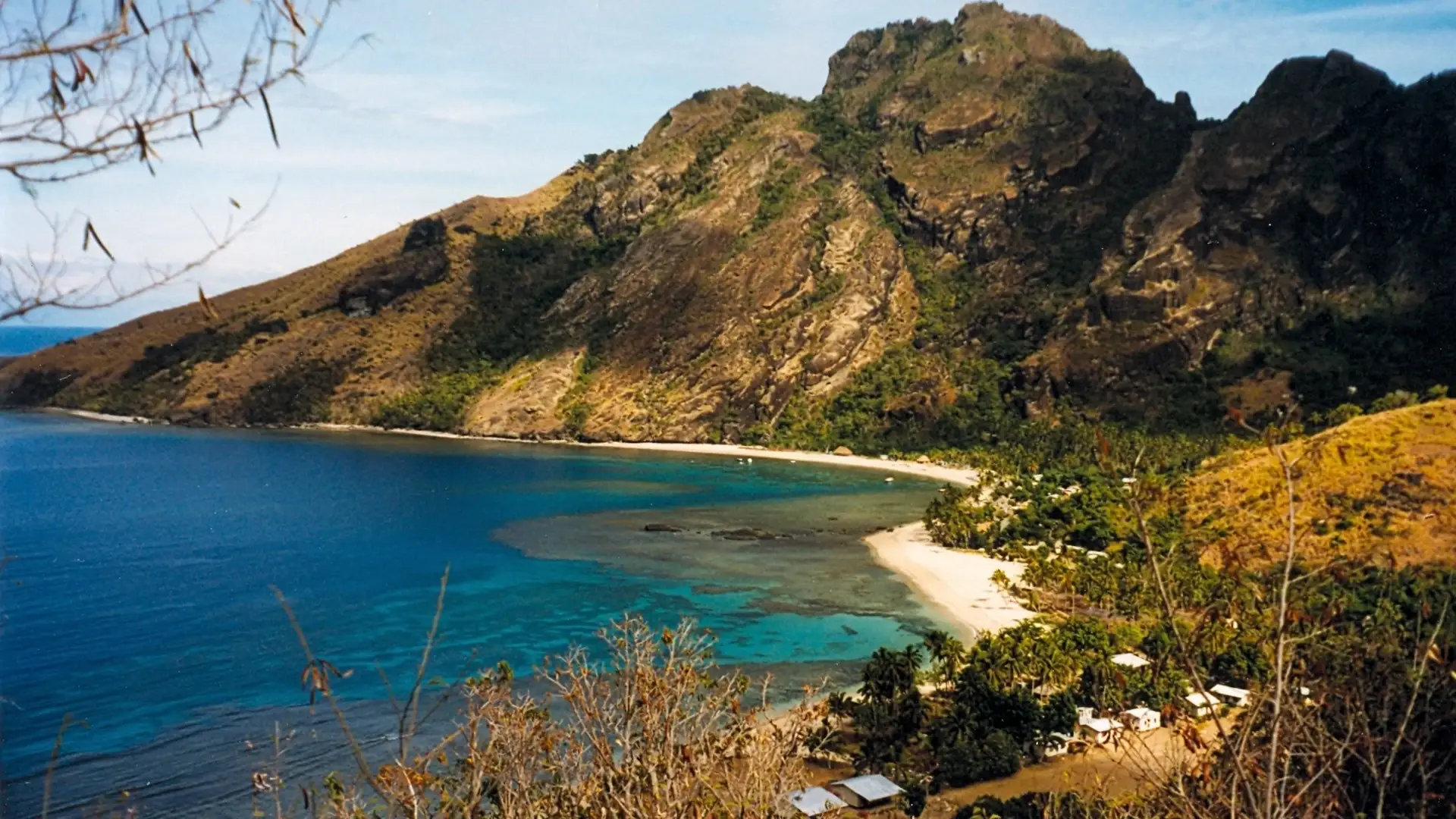 Turquoise lagoon and white sand beach on Waya Island, Fiji